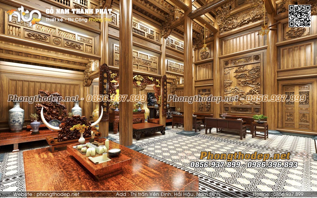 Thiết kế nội thất phòng thờ nhà gỗ 5 gian tại Bình Dương